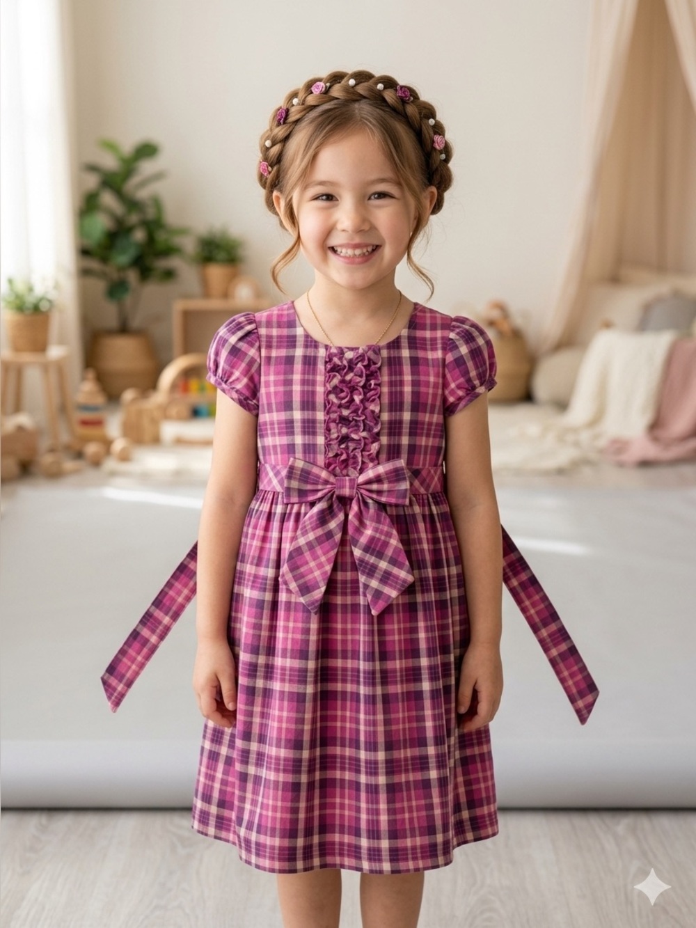 Girls Pink Plaid Ruffle Front Dress